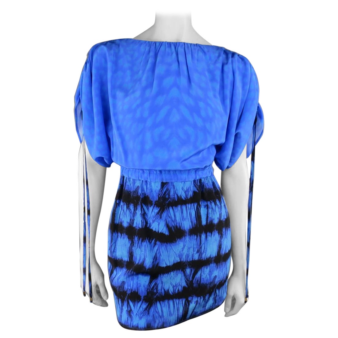 ROBERTO CAVALLI 4 Blue & Black Cheetah & Tie Dye Silk DRawstring Sleeve Dress For Sale
