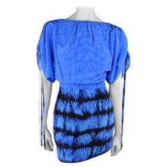 ROBERTO CAVALLI 4 Azul y negro Guepardo y Tie Dye Vestido de seda DRawstring Manga
