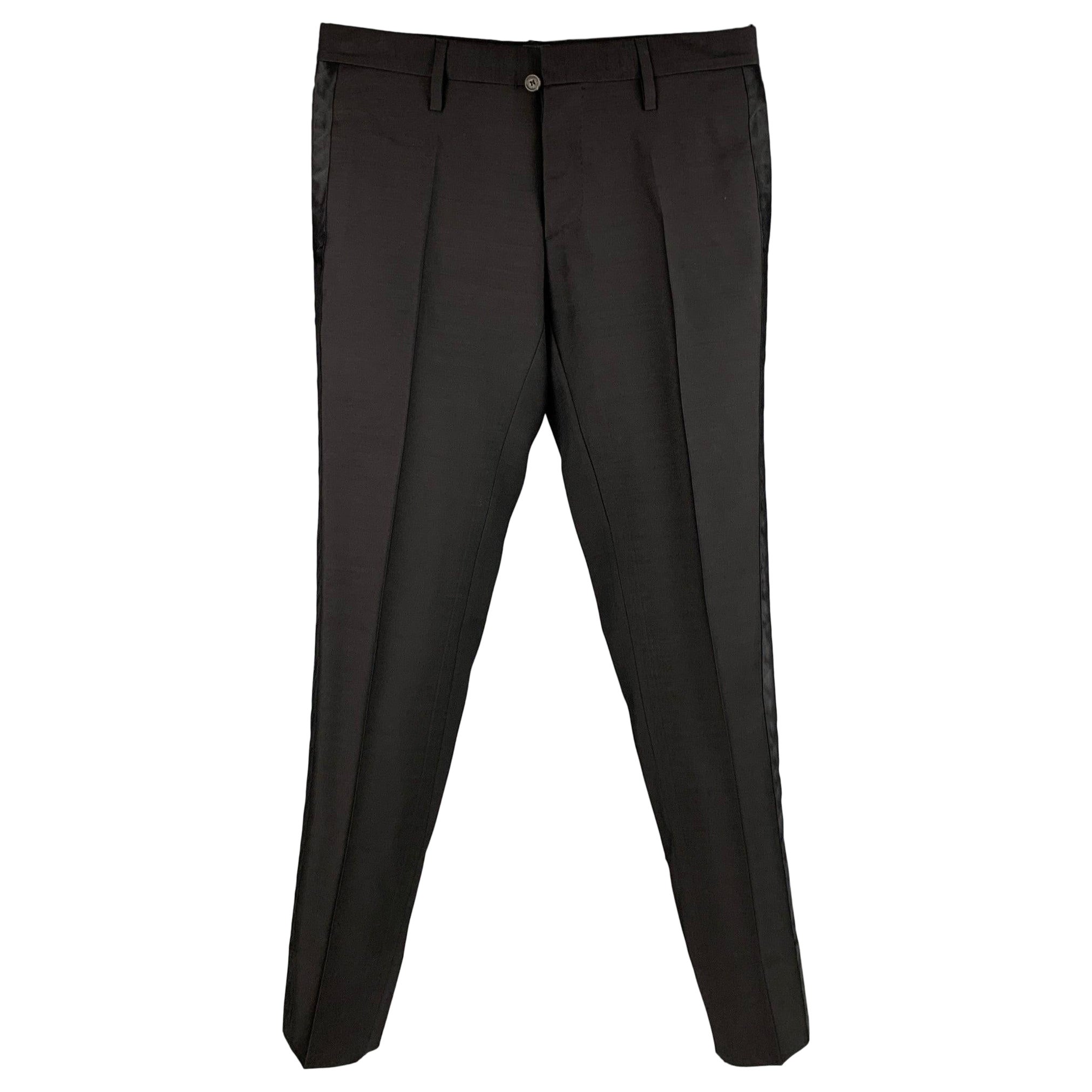 DSQUARED2 Size 28 Black Solid Silk Tuxedo Dress Pants For Sale