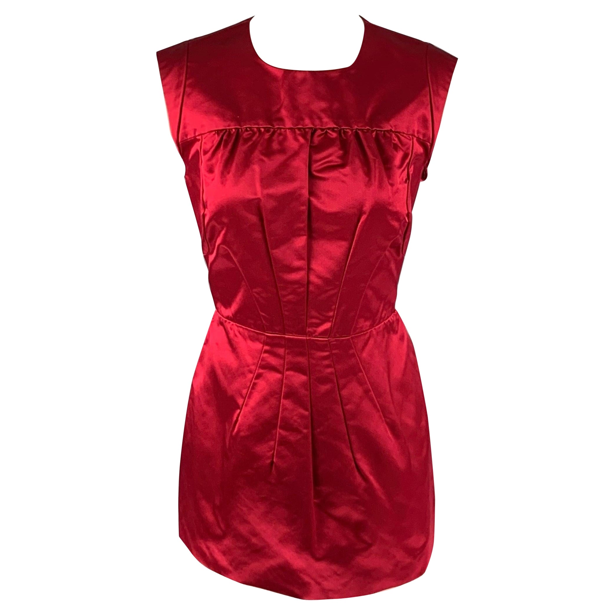 PRADA Size 10 Red Silk Pleated Sleeveless Dress Top For Sale