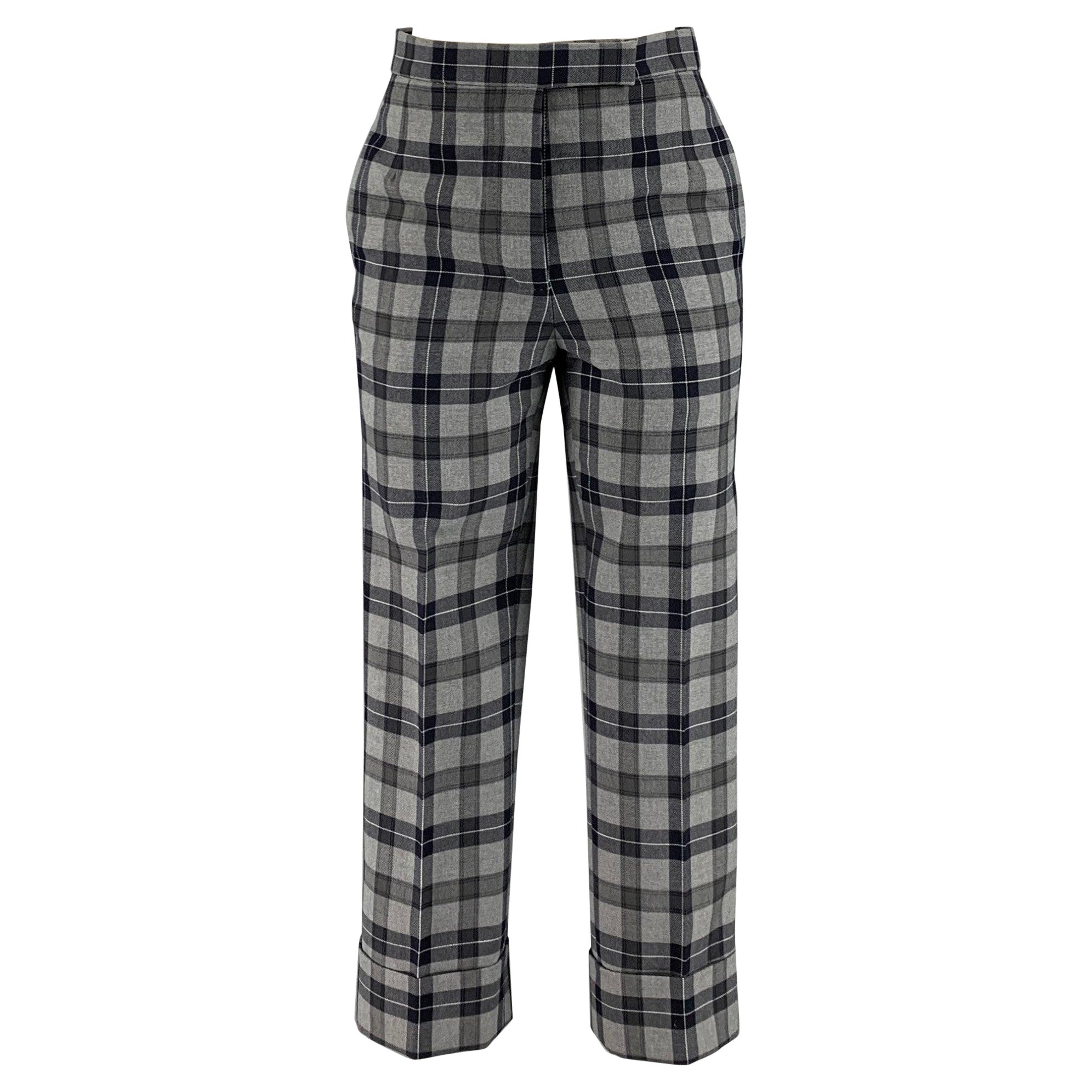 THOM BROWNE Size 0 Grey Black Wool  Polyester Plaid High Waisted Dress Pants For Sale