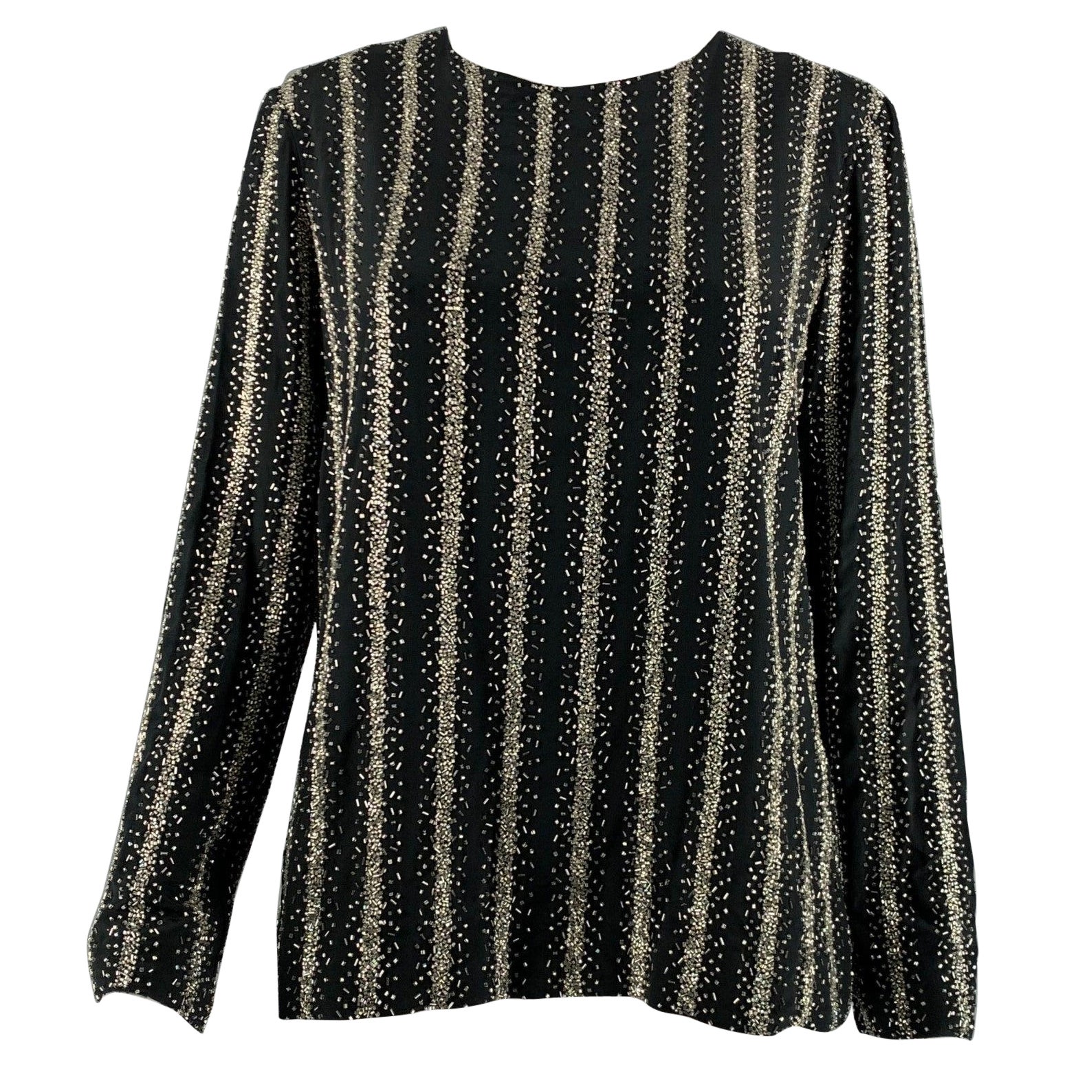 DRIES VAN NOTEN Size 10 Black Silver Silk Sequined Crew-Neck Dress Top For Sale