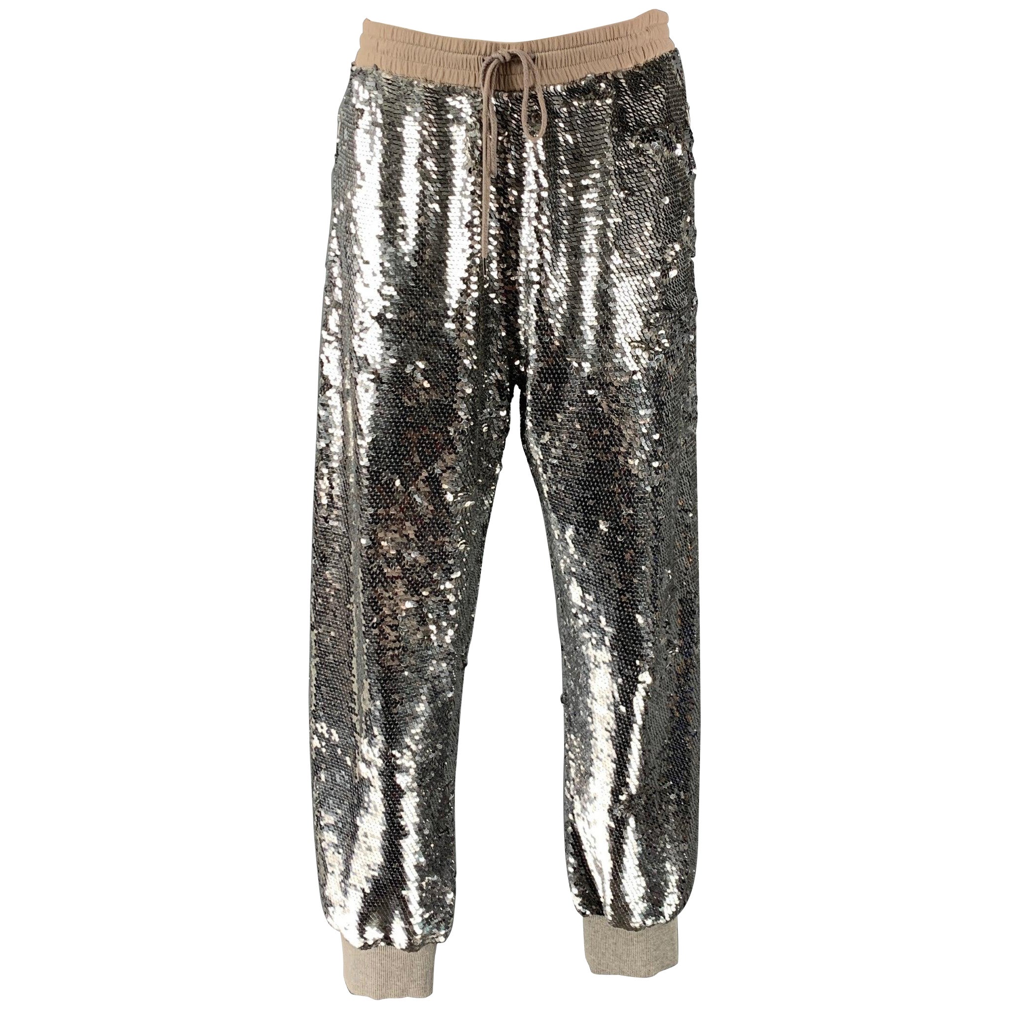 ASHISH Size M Silver Grey Silk Sequined Drawstring Dress Pants For Sale