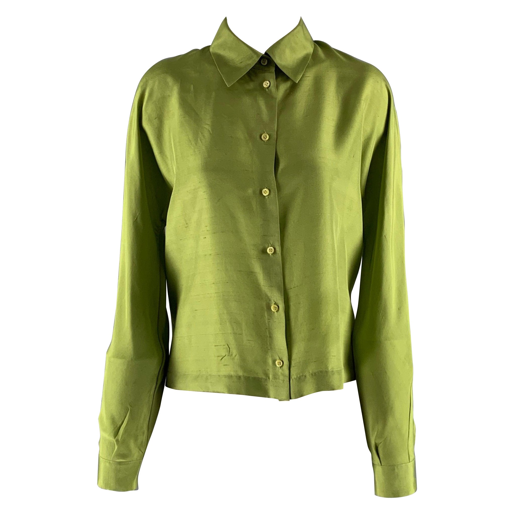 PRADA Size 10 Green Silk Long Sleeve Dress Top For Sale