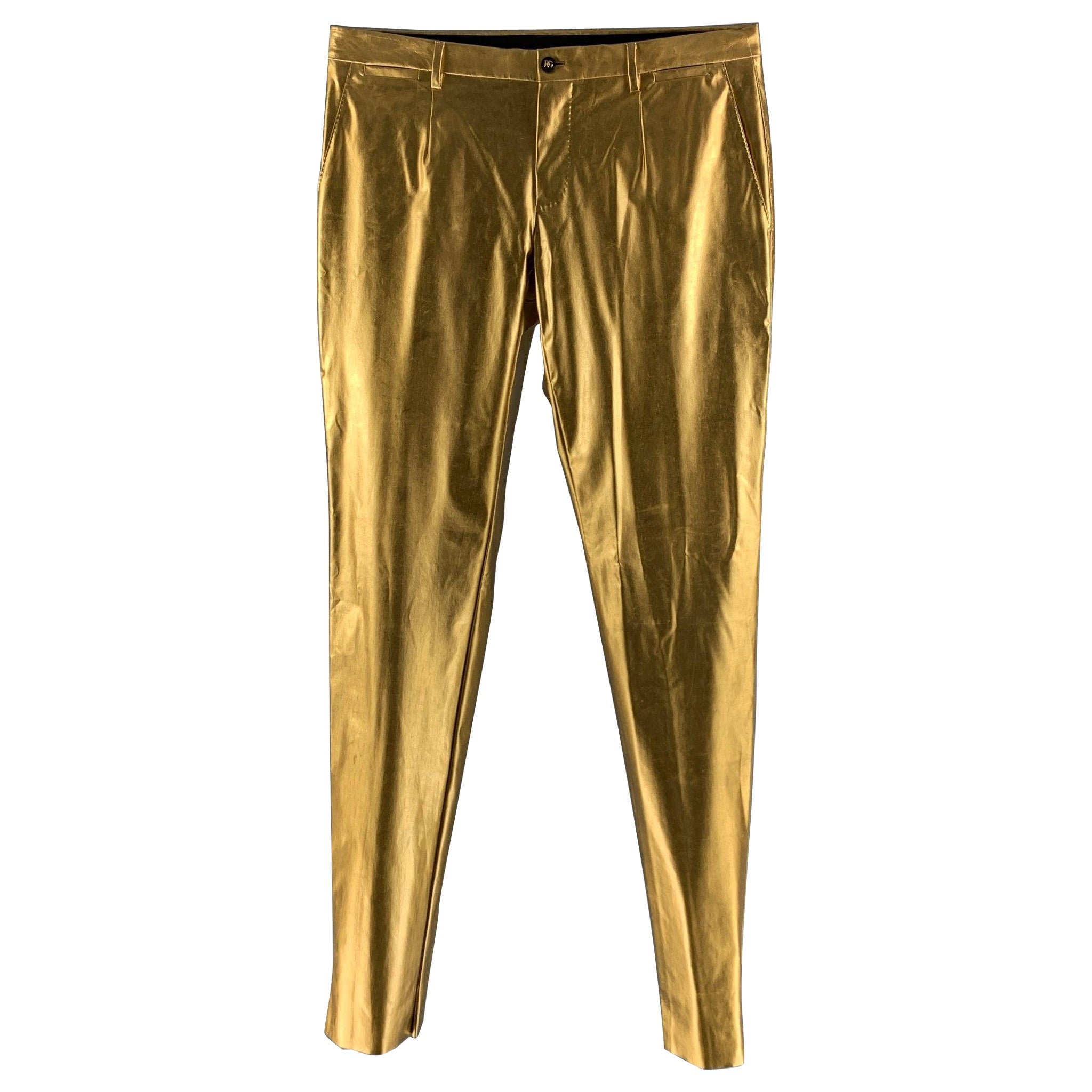 DOLCE & GABBANA Size 36 Gold Metallic Polyamide Elastane Jean Cut Dress Pants For Sale