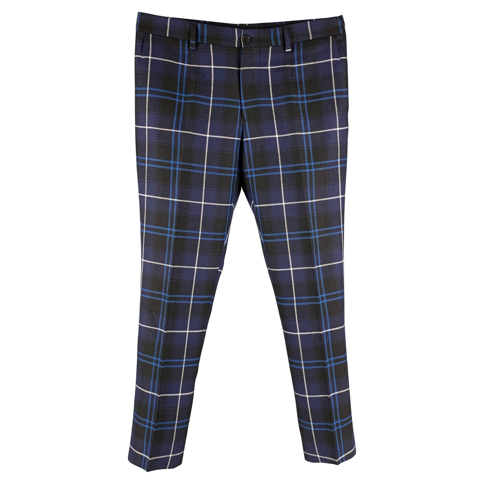 VERSACE Size 32 Navy Blue & White Plaid Wool Zip Fly Dress Pants For Sale