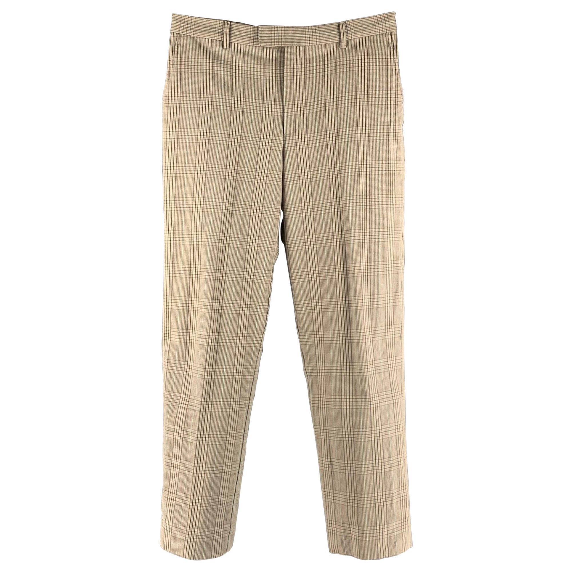 PAUL SMITH Taille 30 Pantalon habillé en coton à carreaux beige et Brown à devant plat en vente