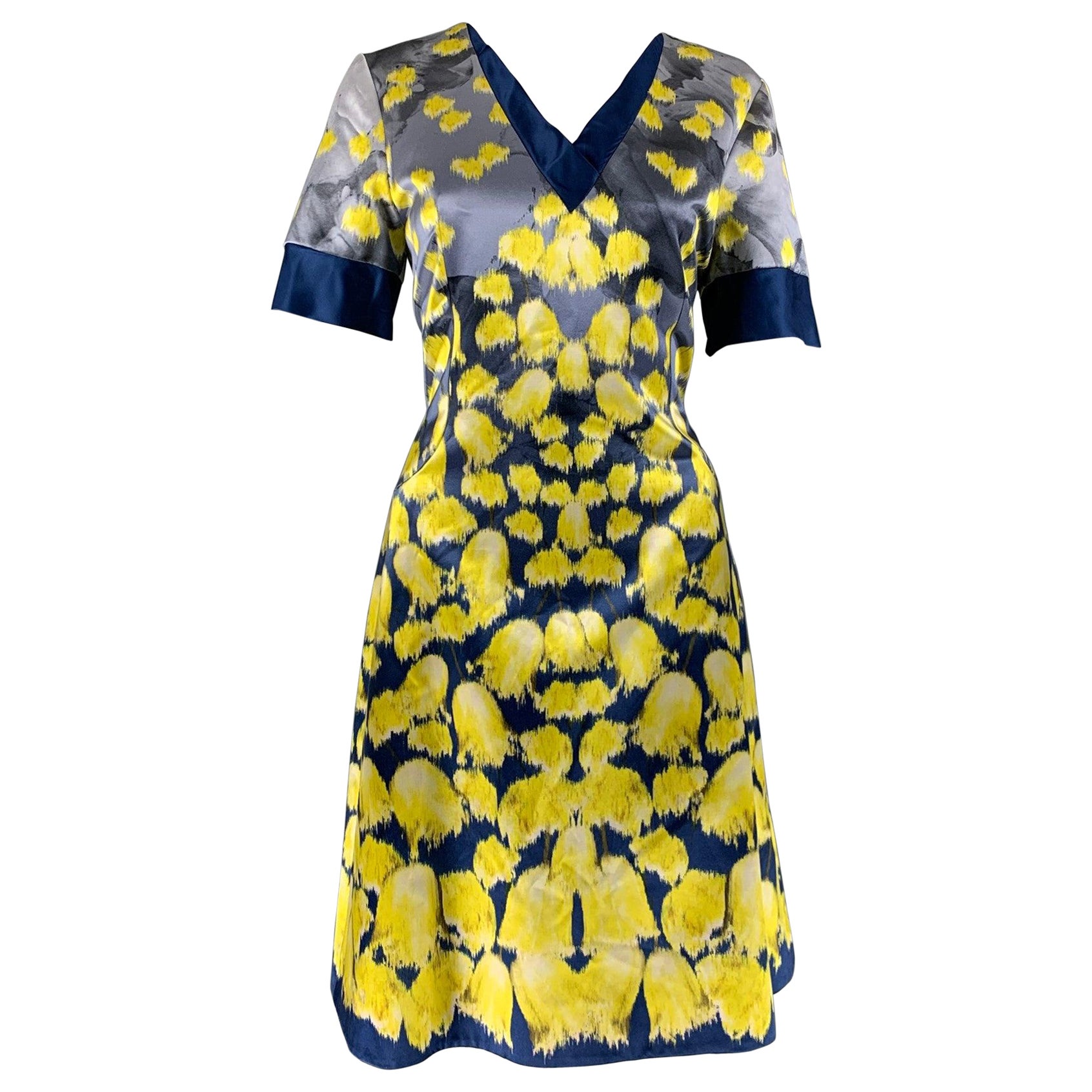 PRABAL GURUNG Size 10 Blue Yellow Cotton Silk Print A-Line Dress For Sale