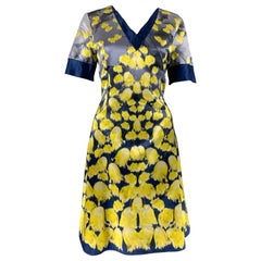 PRABAL GURUNG Größe 10 Blau Gelb Baumwolle Seide Print A-Linien Kleid