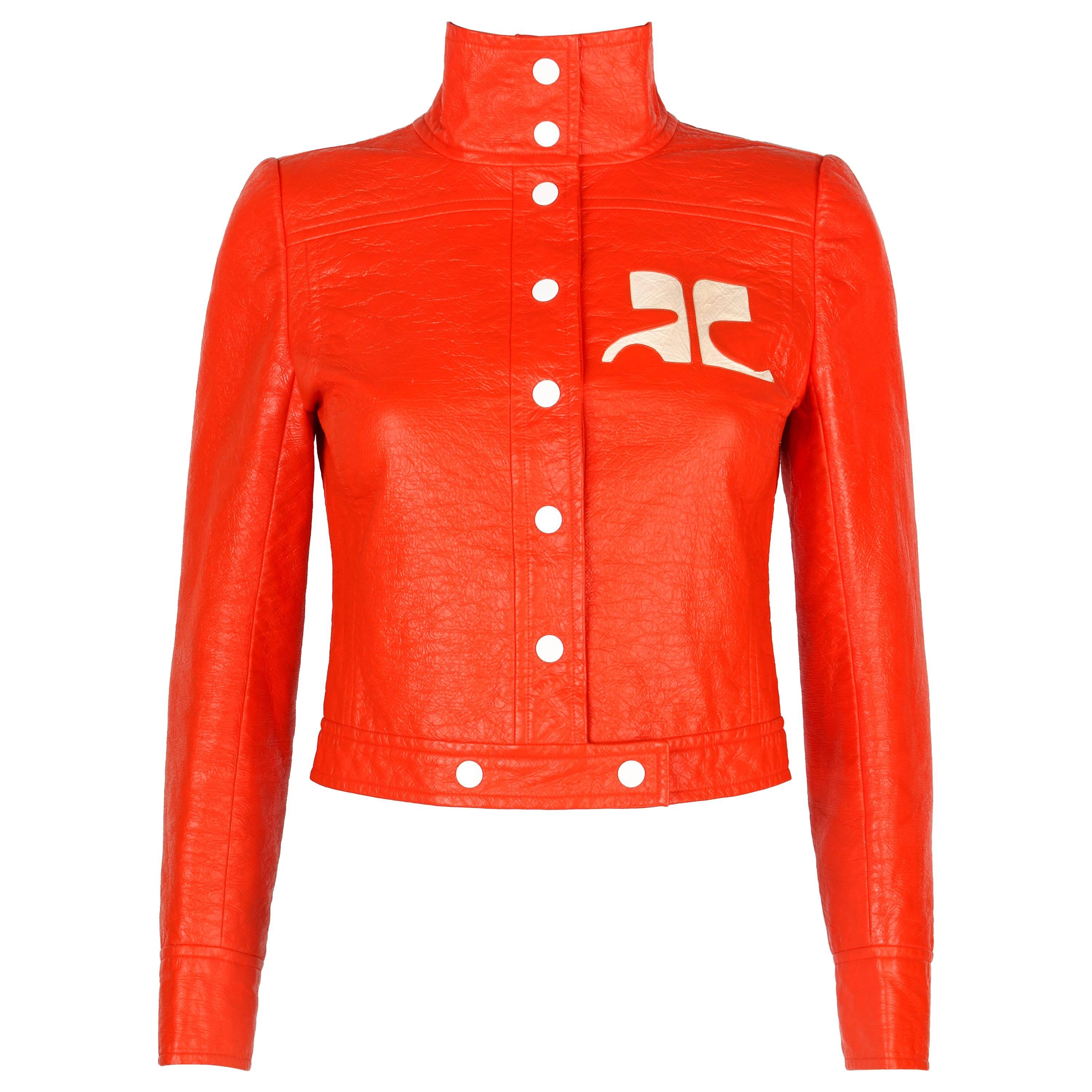 COURREGES PARIS c.1970's Orange Signature Logo Mod Vinyl Faux Leather Jacket