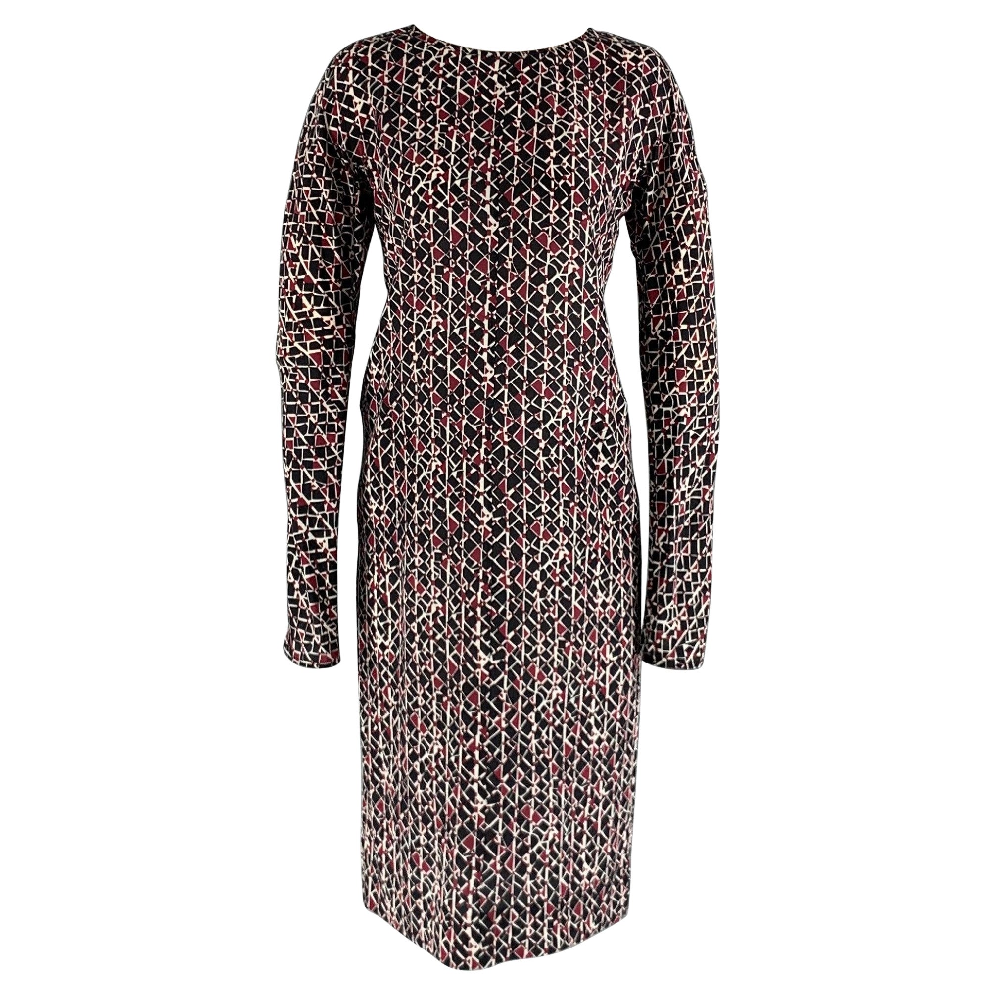 MARNI Size 2 Black Burgundy White Silk Abstract Long Sleeve Dress For Sale