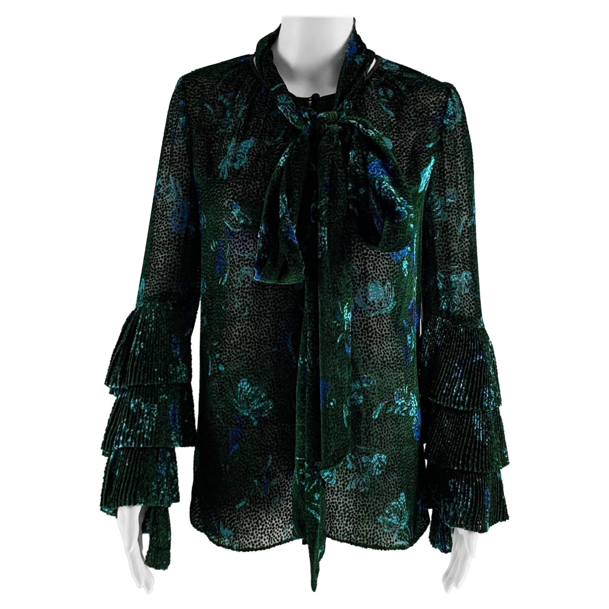 PRABAL GURUNG Size 0 Green Black Viscose Silk Abstract floral V-Neck Dress Top For Sale