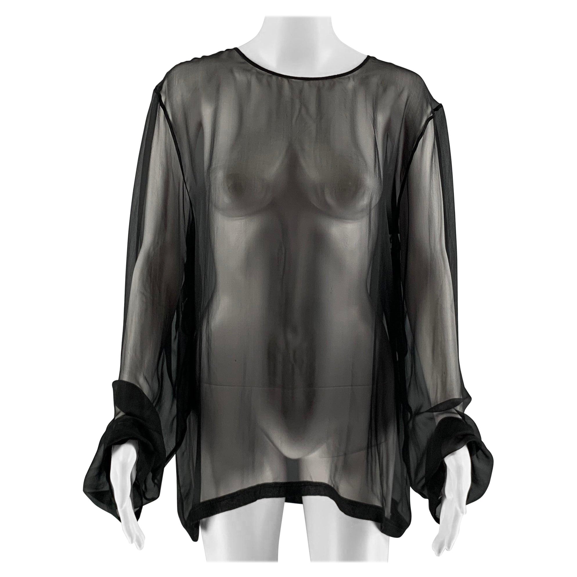VALENTINO Size L Black Silk Sheer Crew-Neck Dress Top For Sale