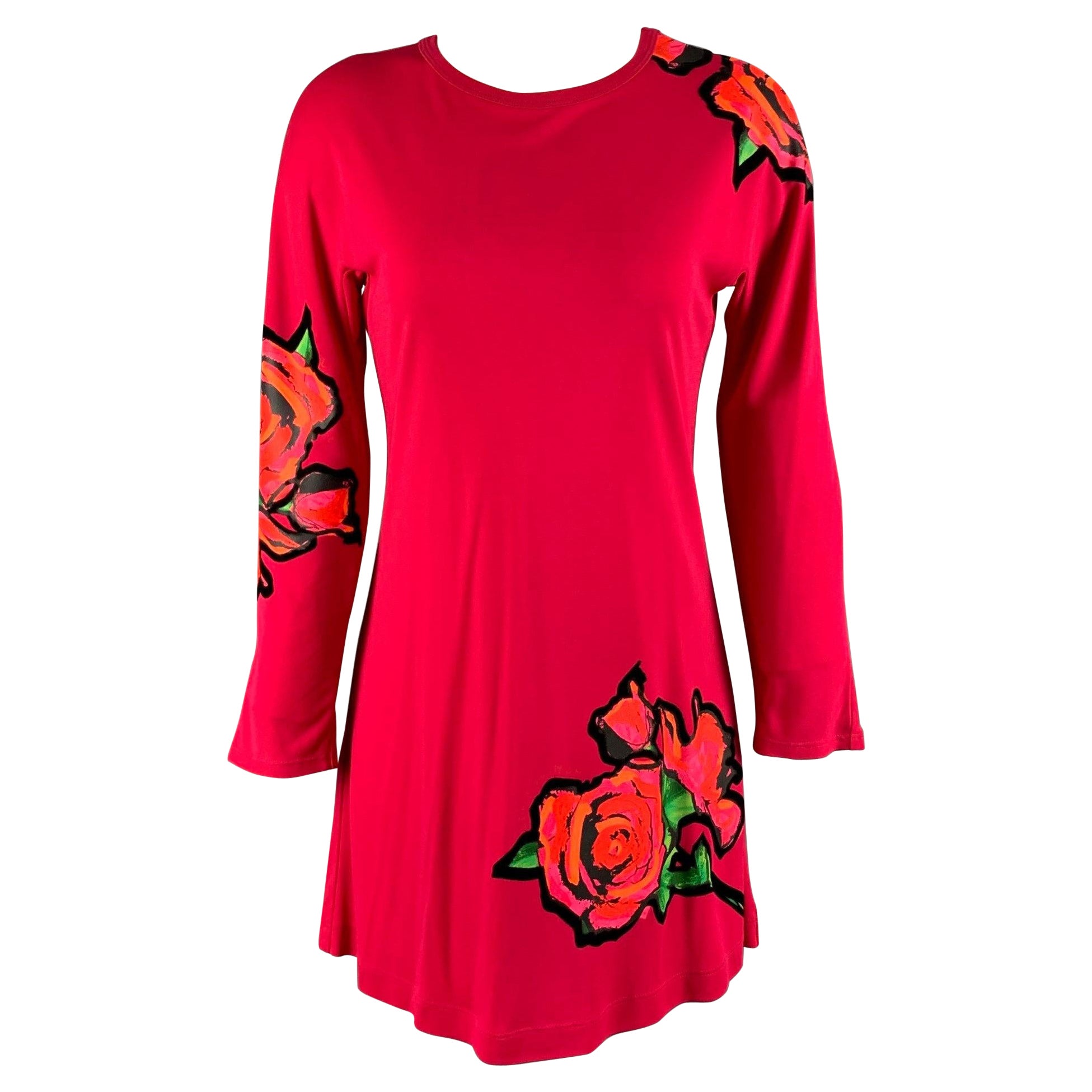 LOUIS VUITTON Größe 4 Rotes mehrfarbiges Viskosekleid mit langen Ärmeln und Blumen im Angebot