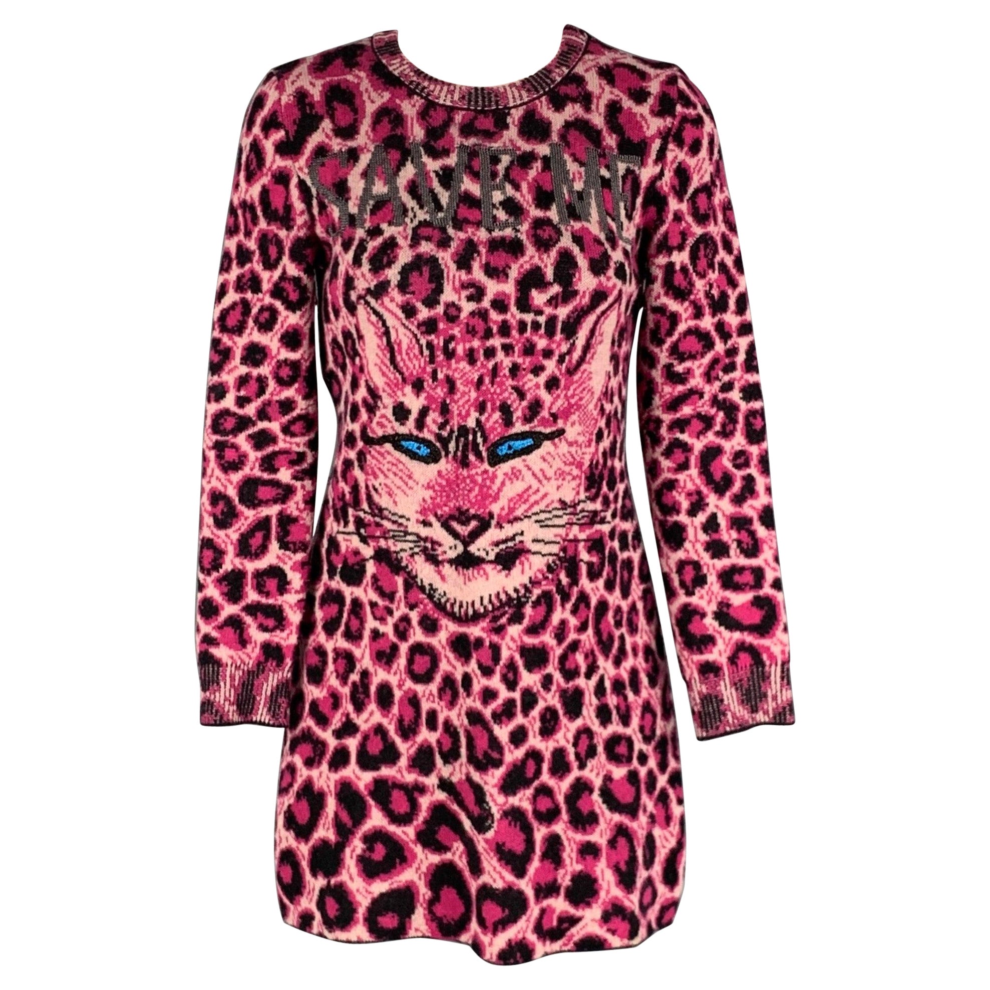 ALBERTA FERRETTI Size 4 Pink Black Virgin Wool Animal Print Long Sleeve Dress For Sale