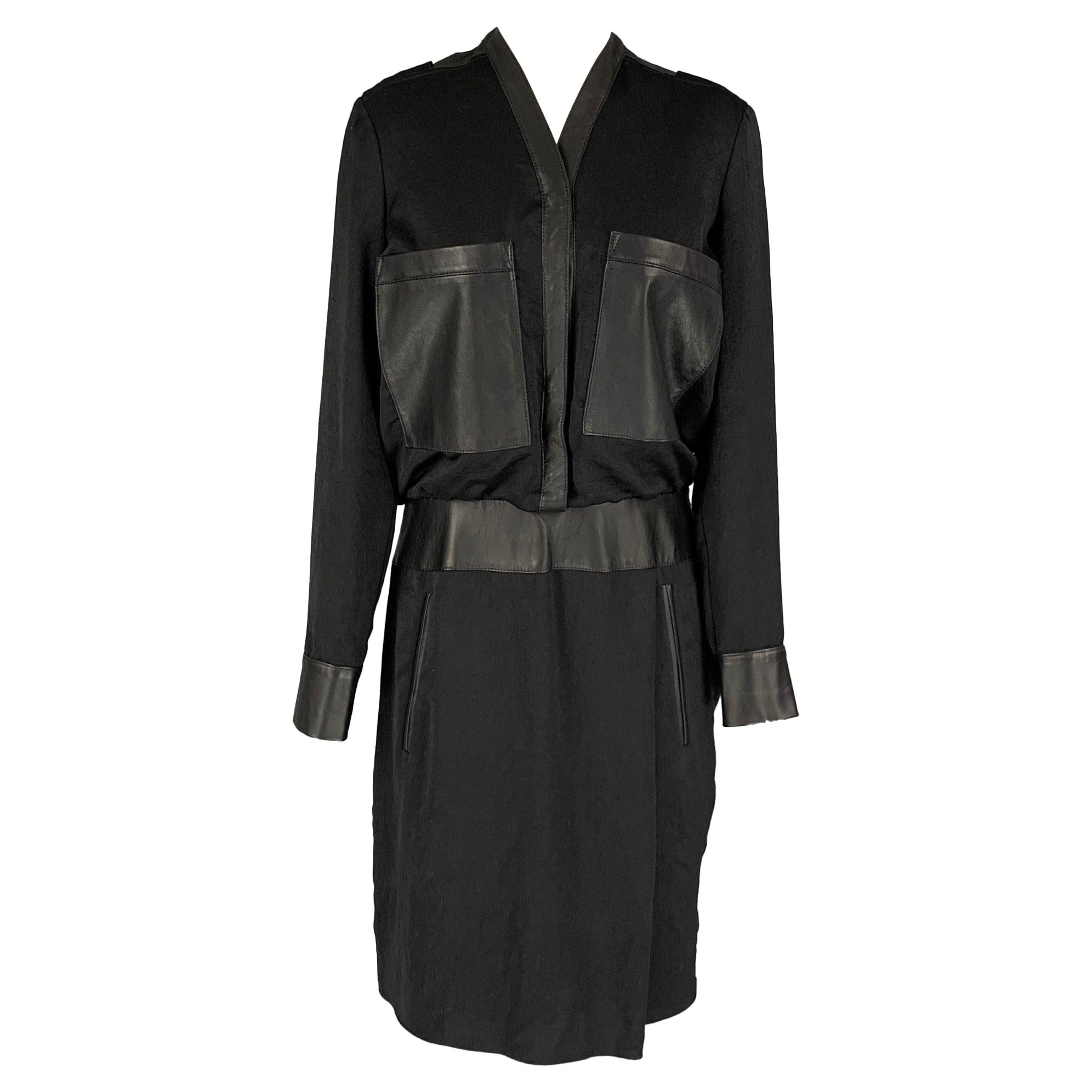HELMUT LANG Size 6 Black Polyester Lamb Skin Long Sleeve Dress For Sale