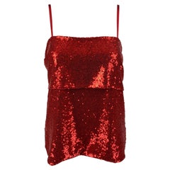 PRABAL GURUNG - Haut à bretelles spaghetti en polyester rouge à paillettes, taille 2