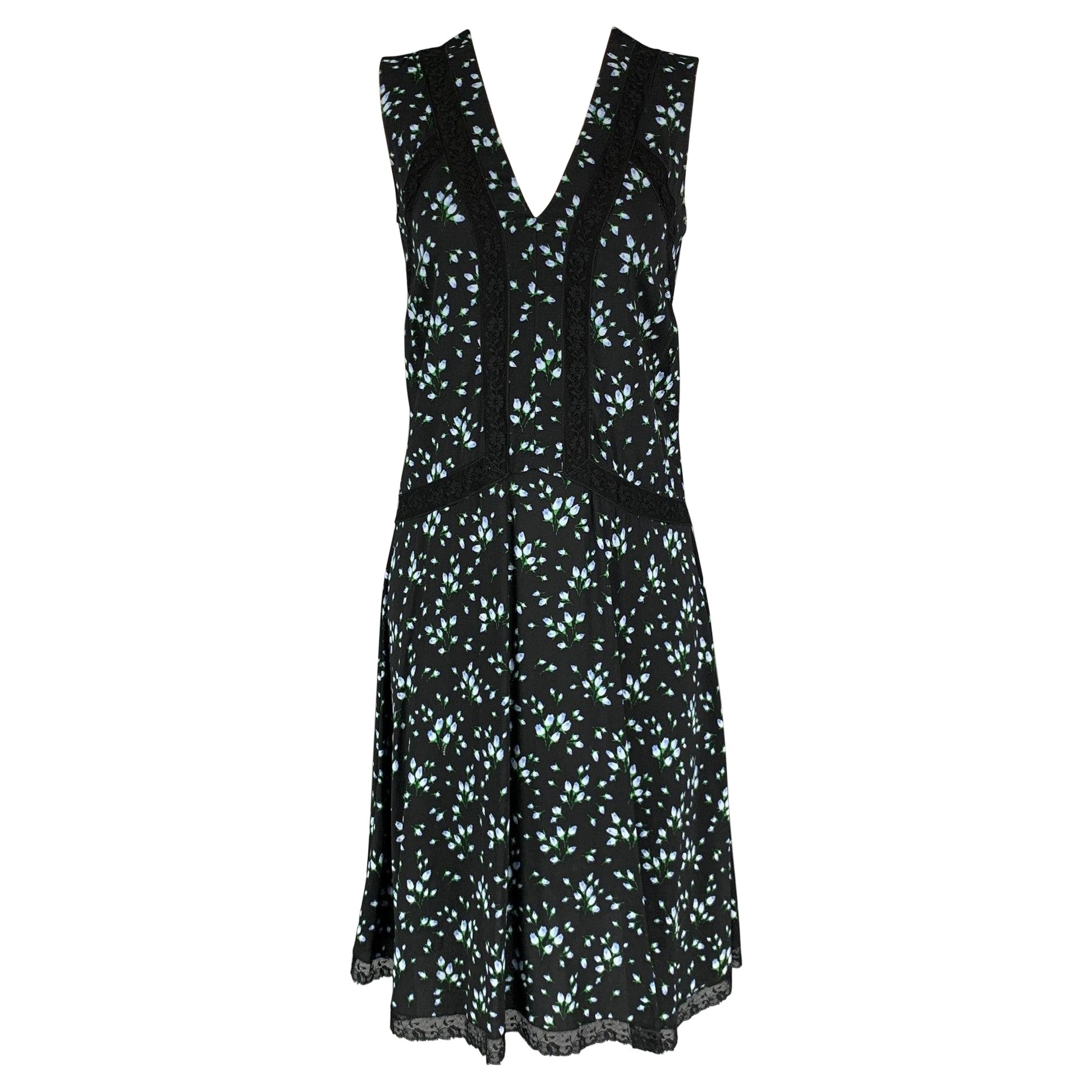 PRADA Size 8 Black Blue & Green Viscose Elastane Floral Sleeveless Dress For Sale