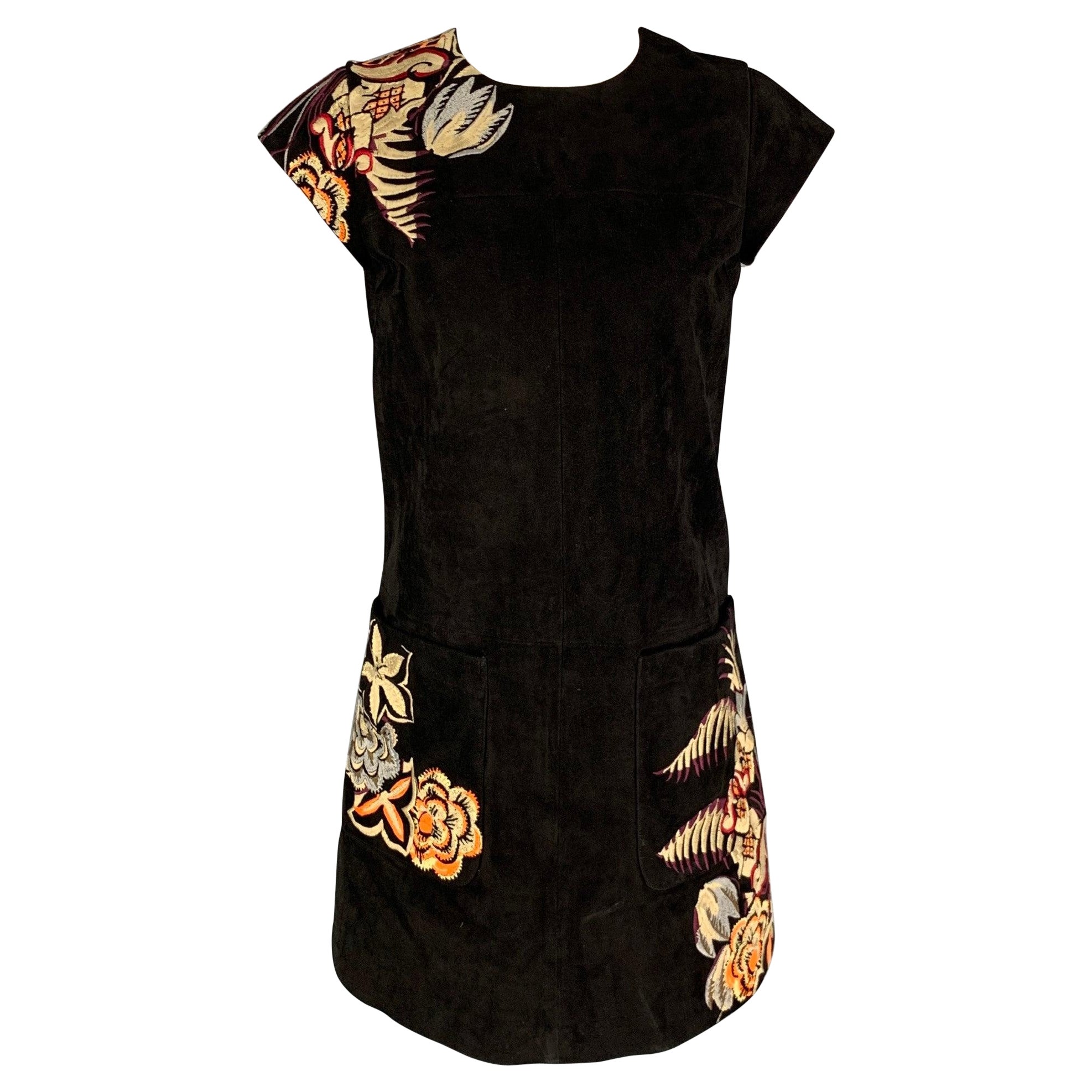 ETRO Size 4 Black Multi-Color Suede Embroidered Goat Skin Short Sleeve Dress For Sale