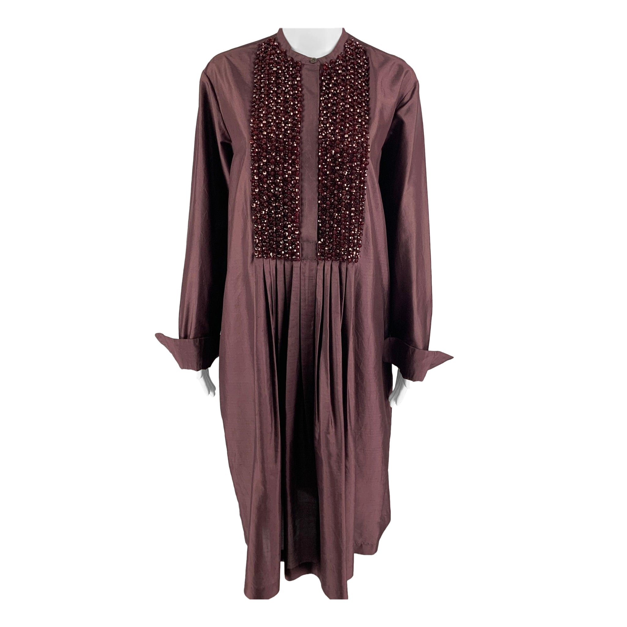 DRIES VAN NOTEN Size 4 Burgundy Silk Beaded Tunic Dress For Sale