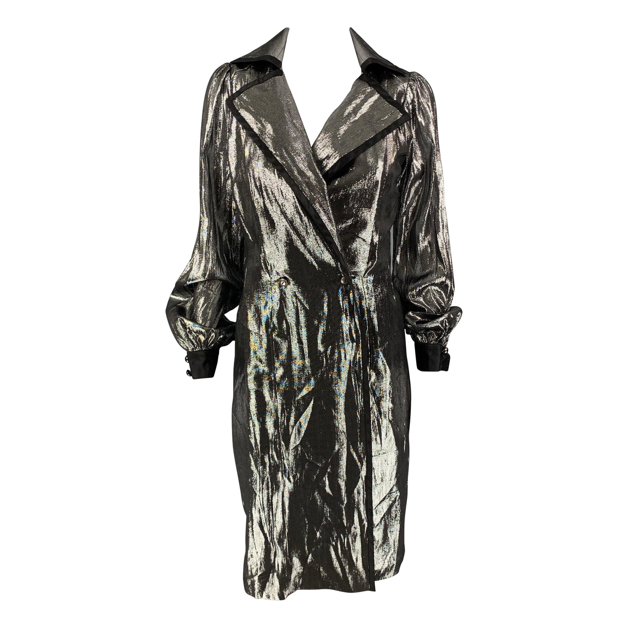BILL BLASS Cappotto doppiopetto in seta metallizzata nera e argento taglia 2