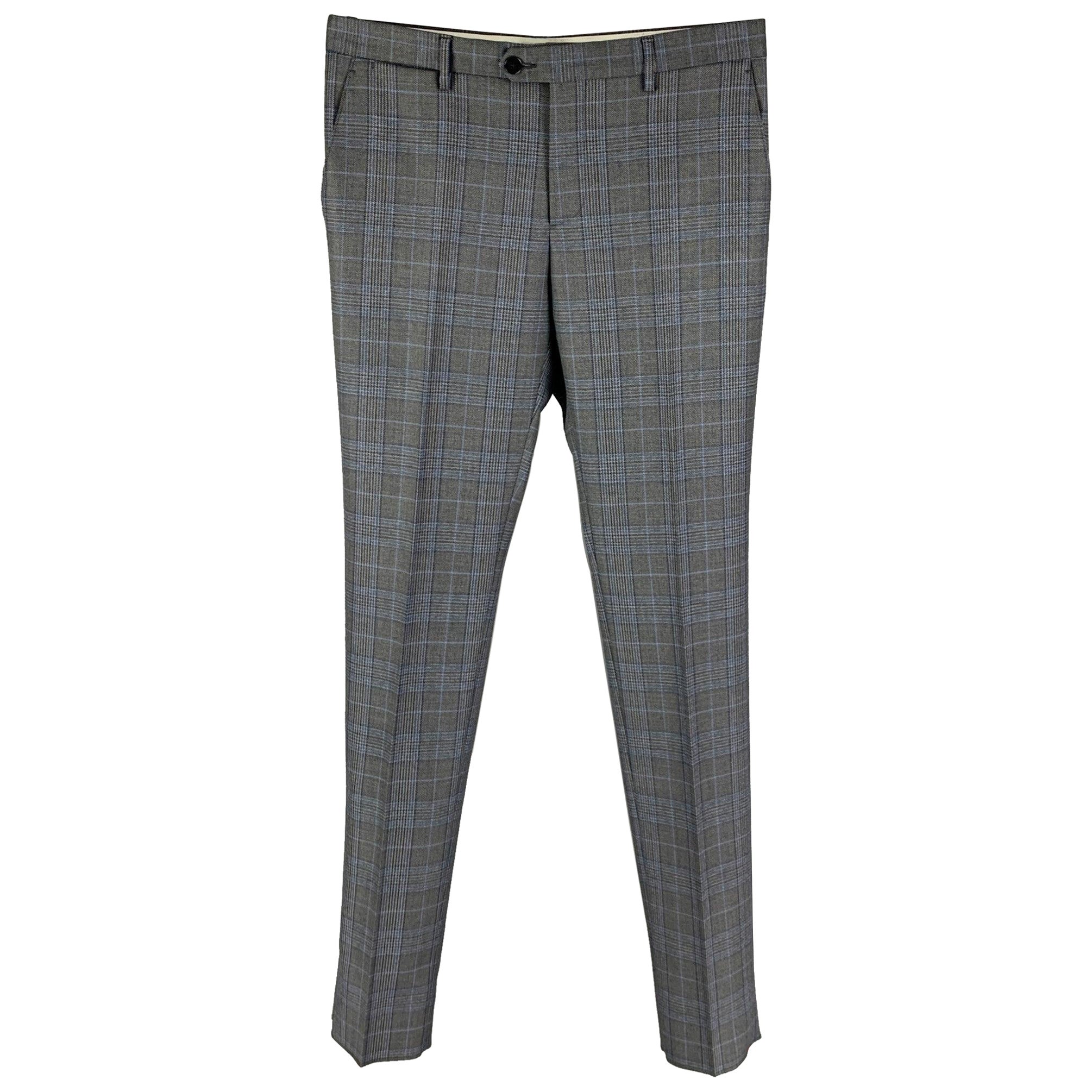 ETRO Size 32 Grey Blue Plaid Wool Dress Pants For Sale