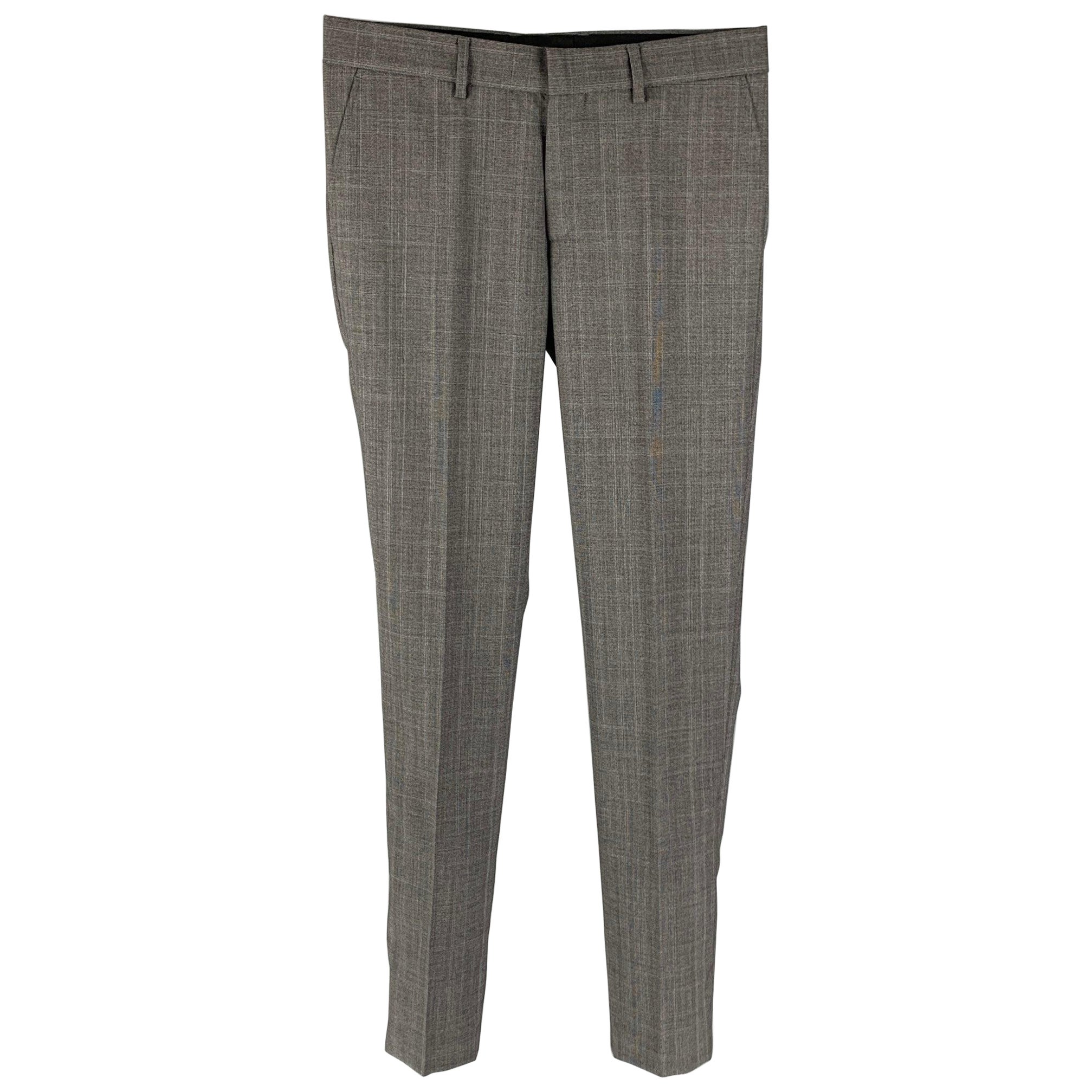 THE KOOPLES Size 30 Grey Plaid Wool Zip Fly Dress Pants For Sale