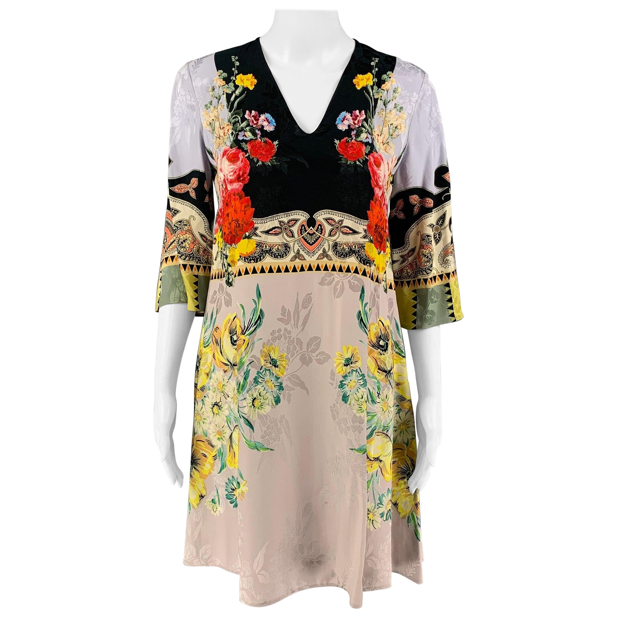 ETRO Size 2 Multi-Color Viscose Silk Floral 3/4 Sleeves Dress For Sale
