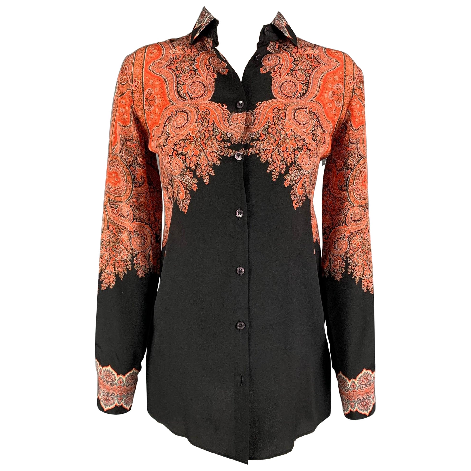 ETRO Size 2 Orange Black Silk Paisley Blouson Dress Top For Sale