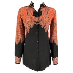 ETRO Size 2 Orange Black Silk Paisley Blouson Dress Top