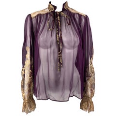 SALVATORE FERRAGAMO Size 2 Eggplant Gold Silk Lace Blouson Dress Top