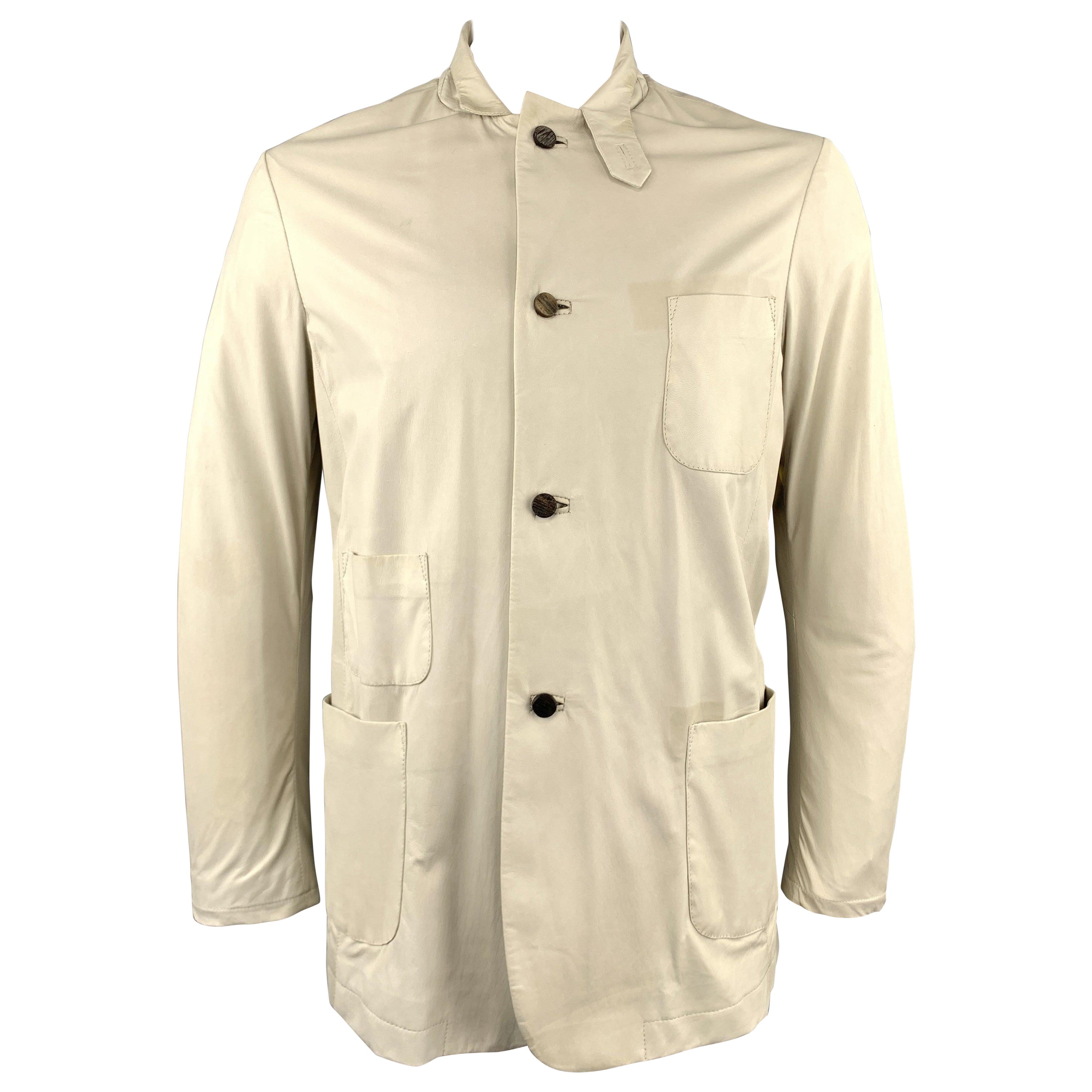 GIORGIO BRATO 42 Ivory Soft Leather Patch Pocket Tab Collar Jacket For Sale