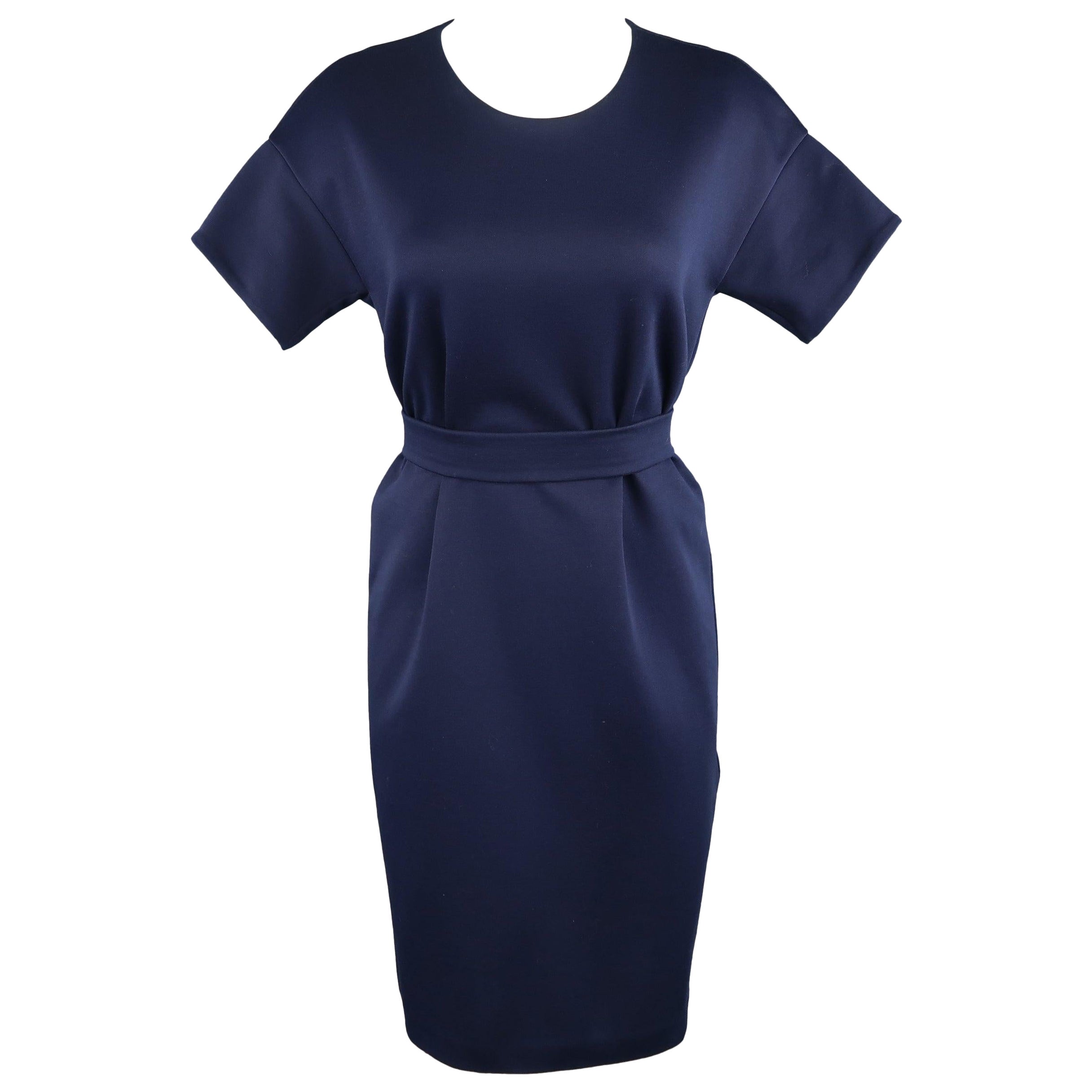 JIL SANDER Size M Navy Cotton / Polyester Jersey Short Sleeve Belted Shift Dress For Sale