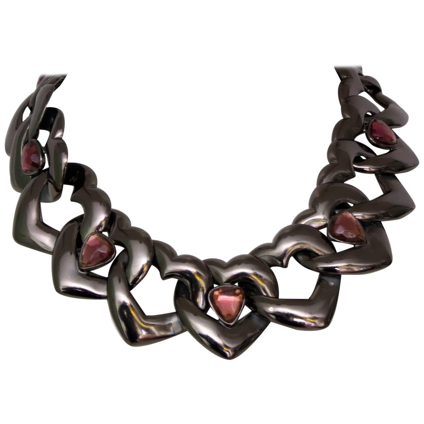 1990s Yves Saint Laurent Heart Chain Link Necklace 