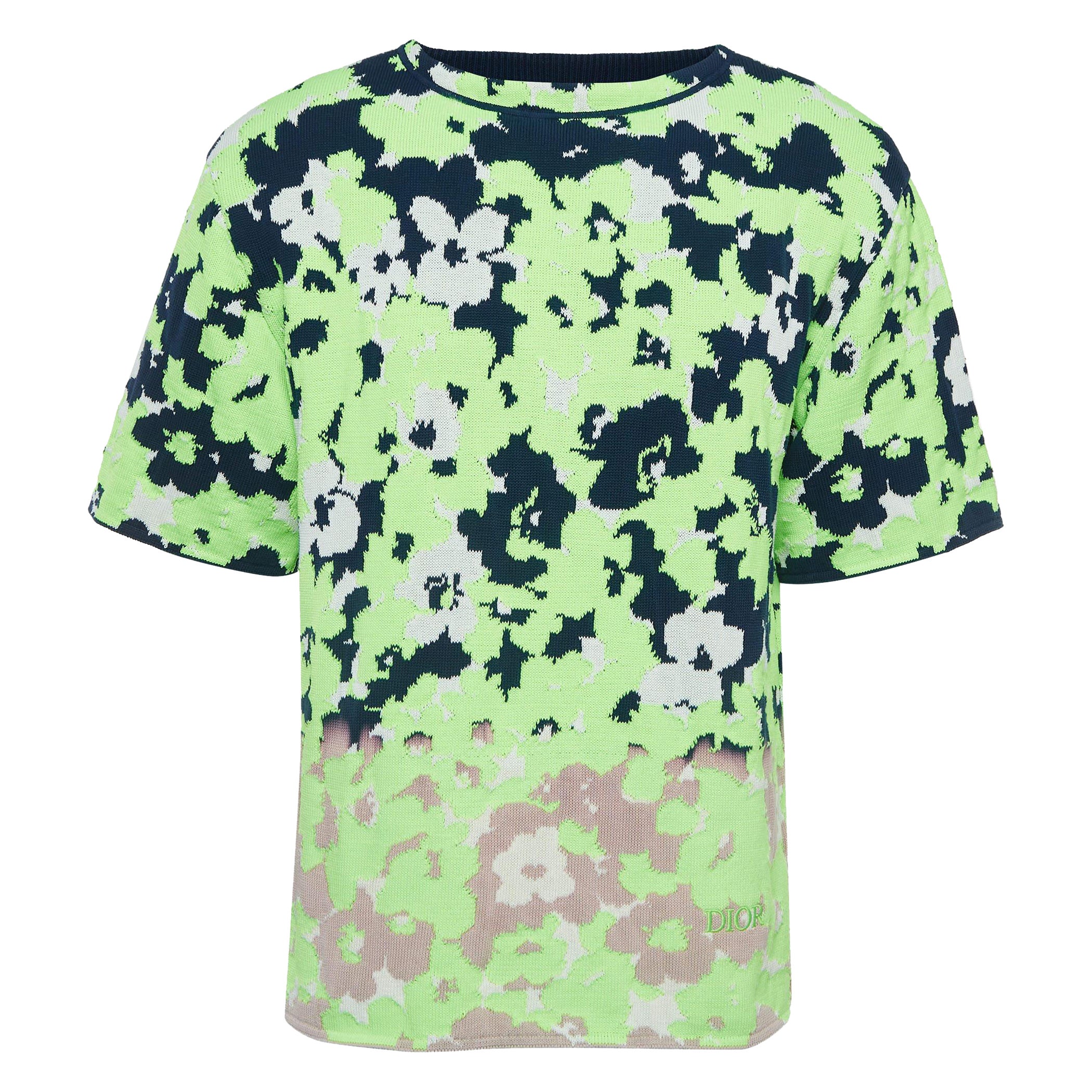Dior Homme Neongrünes, geblümtes Intarsien-Strick-Pullovershirt mit vollen Ärmeln M im Angebot