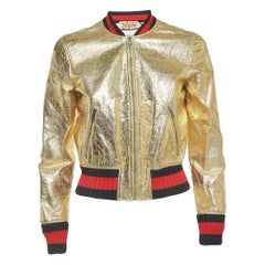 Gucci Gold Crinkled Leather Bomber Jacket S