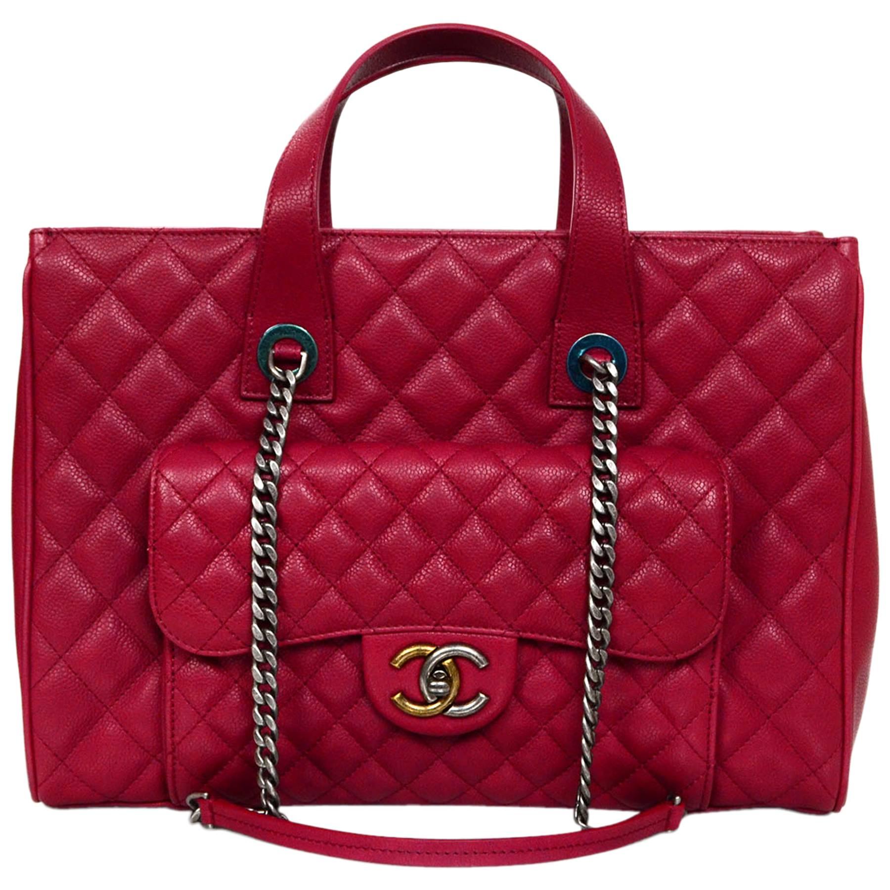 Chanel NEW 2016 Red Caviar Leather Tote Bag with Front Pocket