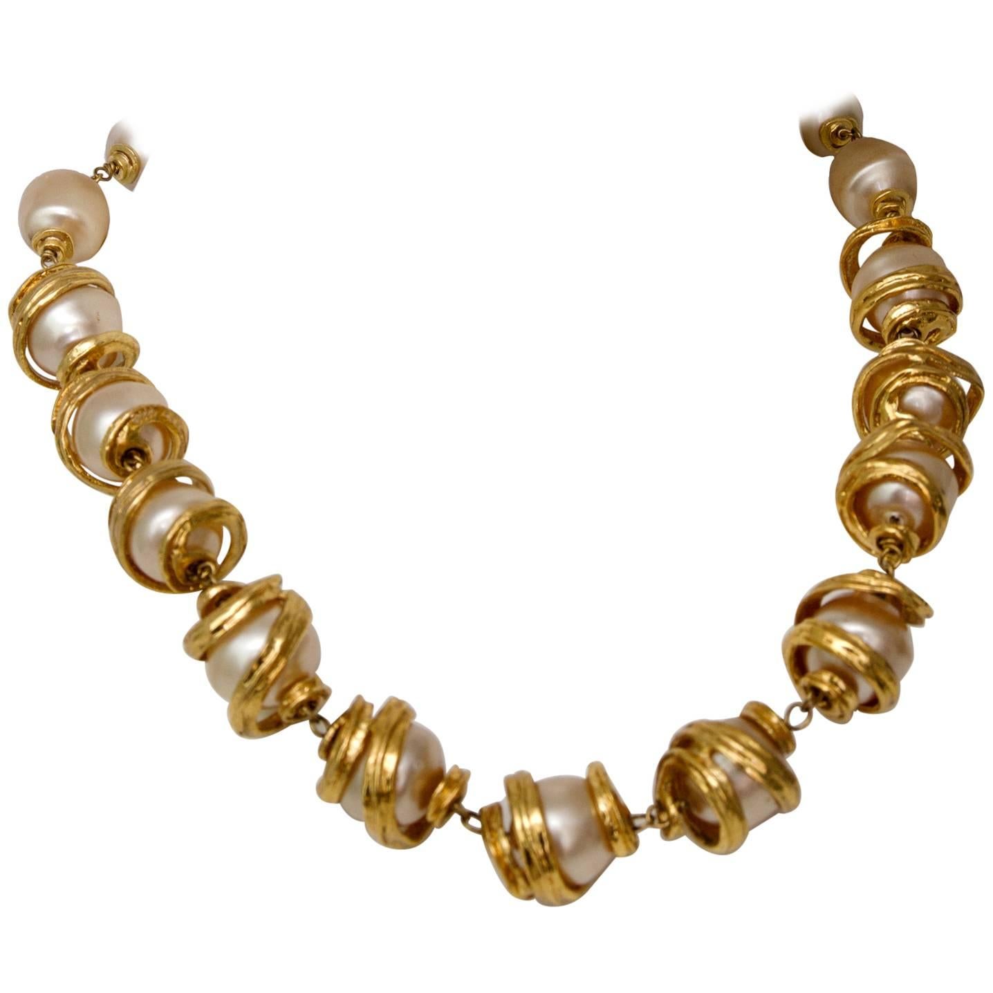 A 1980s Yves Saint Laurent Mother of Pearl Gold Toned Necklace 