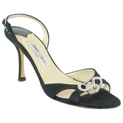 Jimmy Choo Black Satin Slingbacks with Rhinestones - 38.5