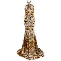 Vintage 2007 Y2K Roberto Cavalli Silk Cheetah Print Halter Dress Gown