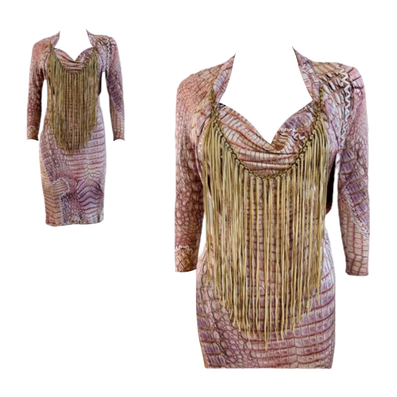 Vintage 2000s Y2K Roberto Cavalli Dress
Snake reptile print viscose fabric
Draped neckline 
Detachable gold tone chain with suede fringe
Fitted style wiggle fit dress
Long tapered sleeves
Lining has raw hem (not visible when worn) and is
