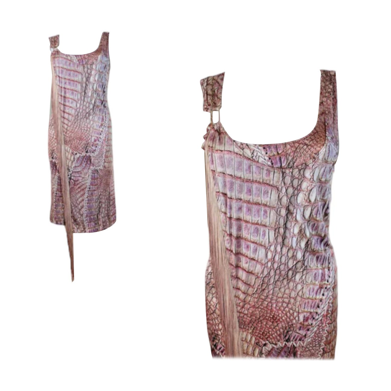 Vintage 2000s Y2K Roberto Cavalli Dress (pinned to mannequin)
Snake reptile print viscose fabric
Rounded neckline
Shift style dress with ombre dyed fringe asymmetrically down the right side
Sleeveless
Stitch detail on the front + back of the right