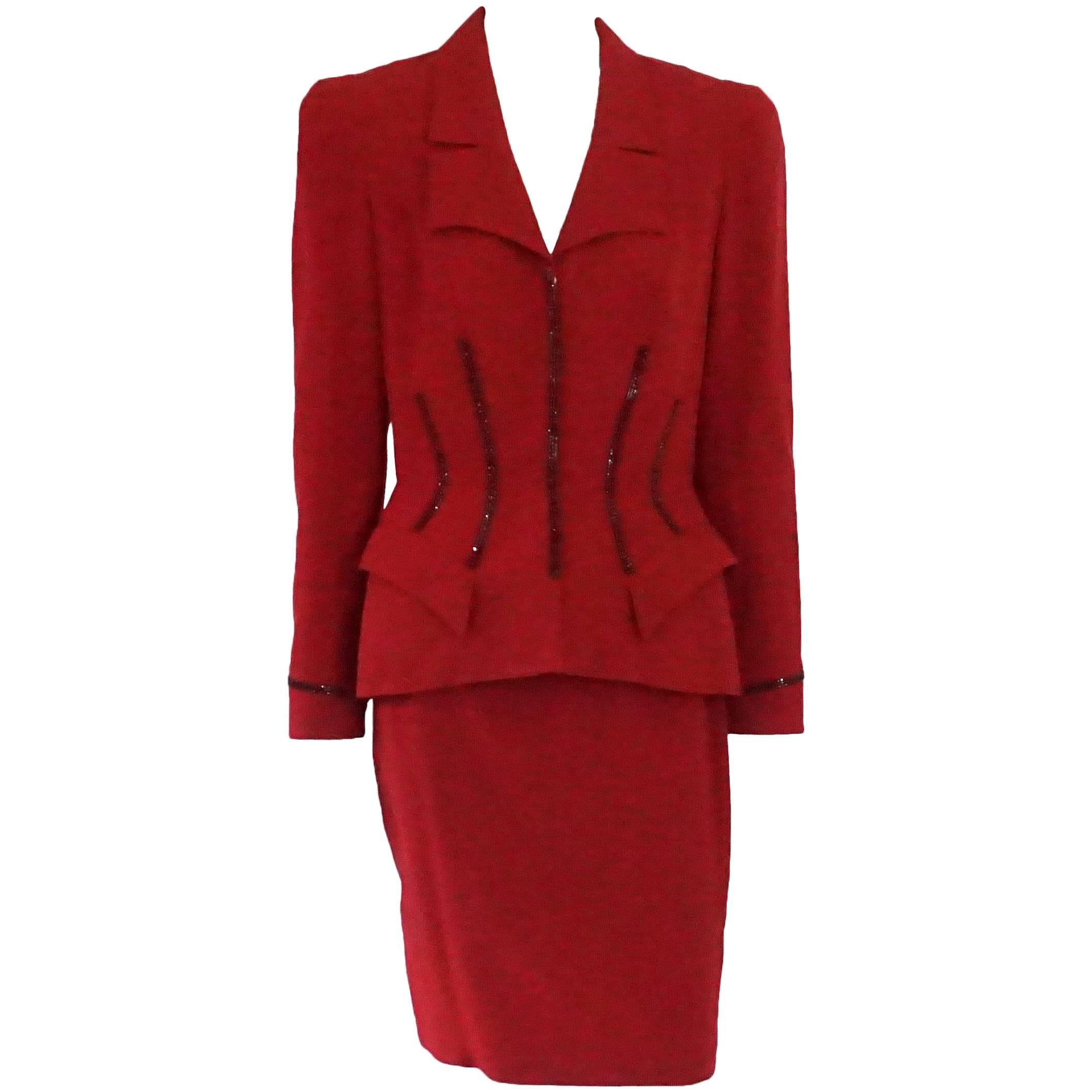 Thierry Mugler Red Wool Skirt Suit with Rhinestone Detail - 42 - Circa 80's