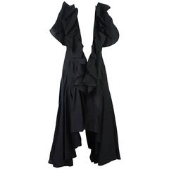 Akira Black Silk Sleeveless Coat with Large Ruffles - 8 - 1980's