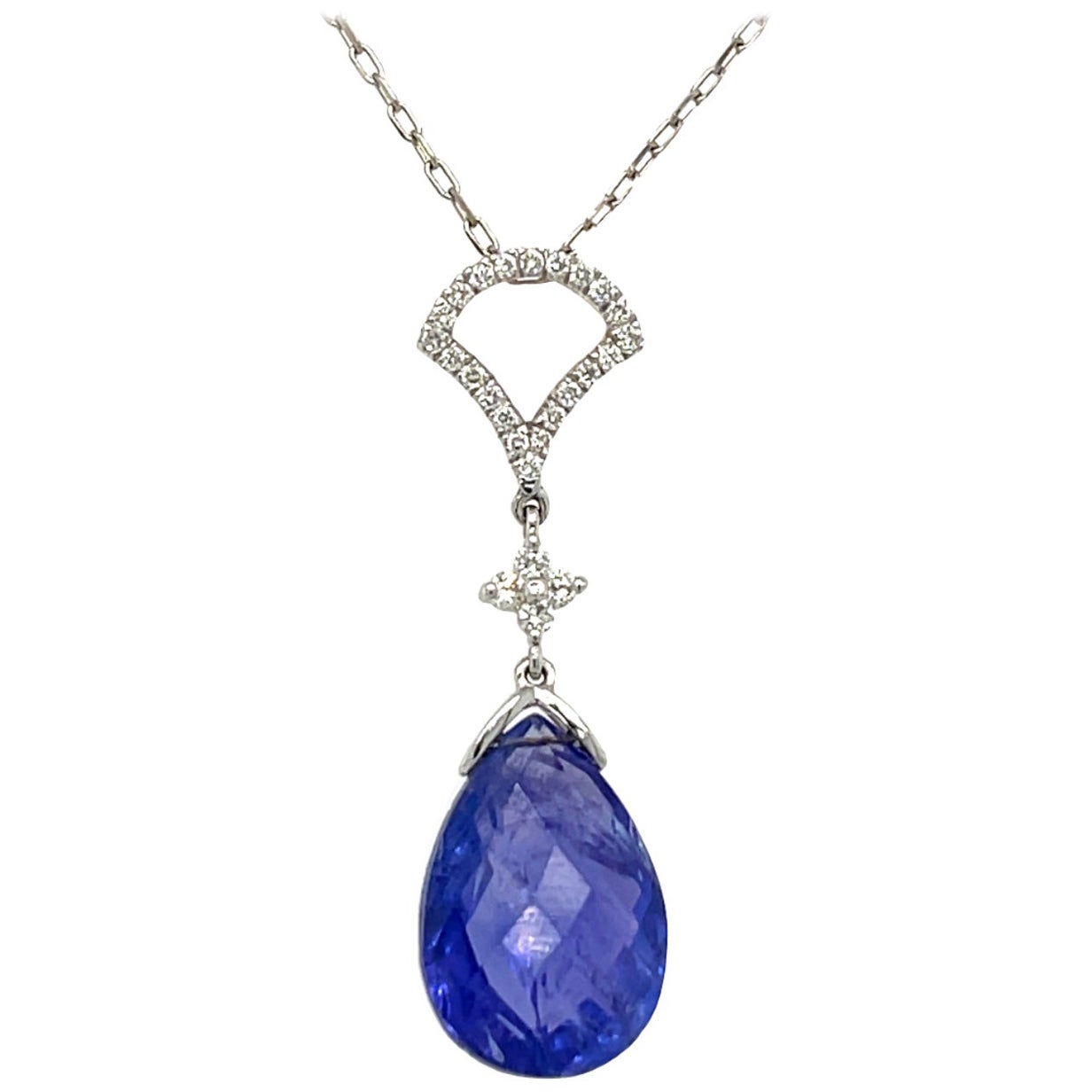 Tanzanite Briolette and Diamond Dangling Pendant in 18K White Gold For Sale