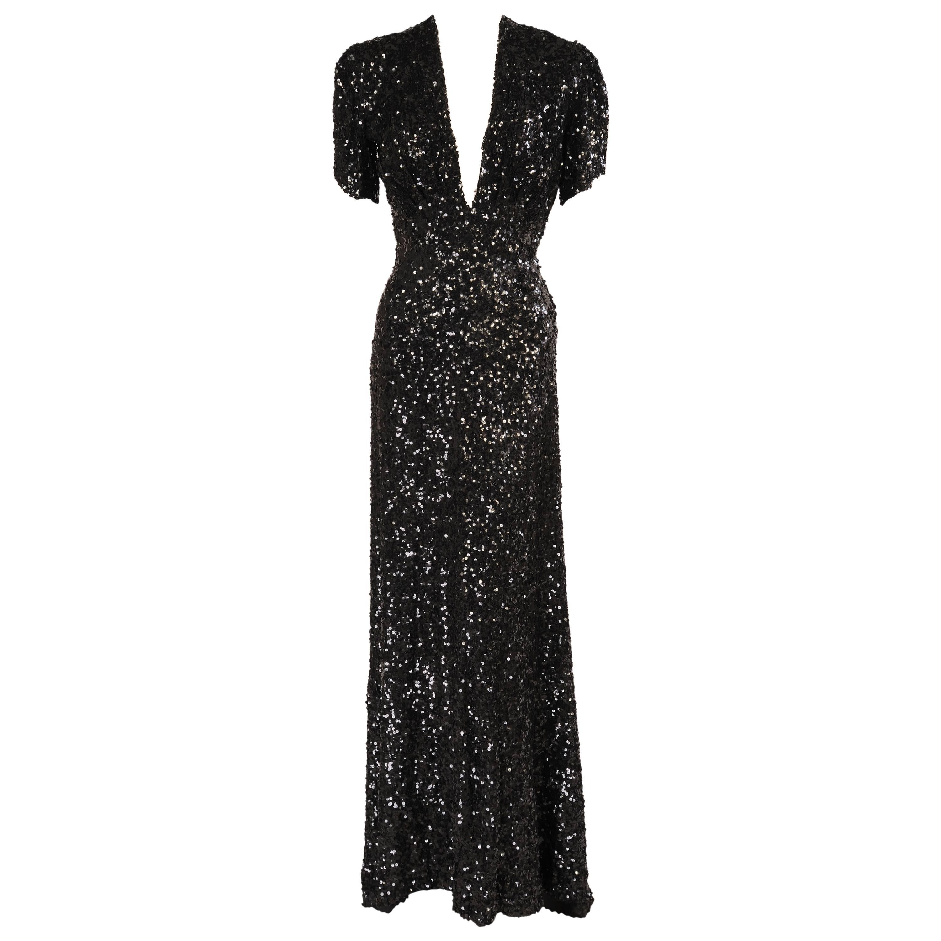 1930's Sparkling Black Sequin Evening Gown with Train at 1stDibs