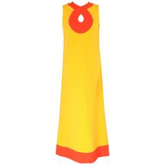 Bright Yellow Maxi Dress with Bright Red Keyhole Neckline, 1960s 