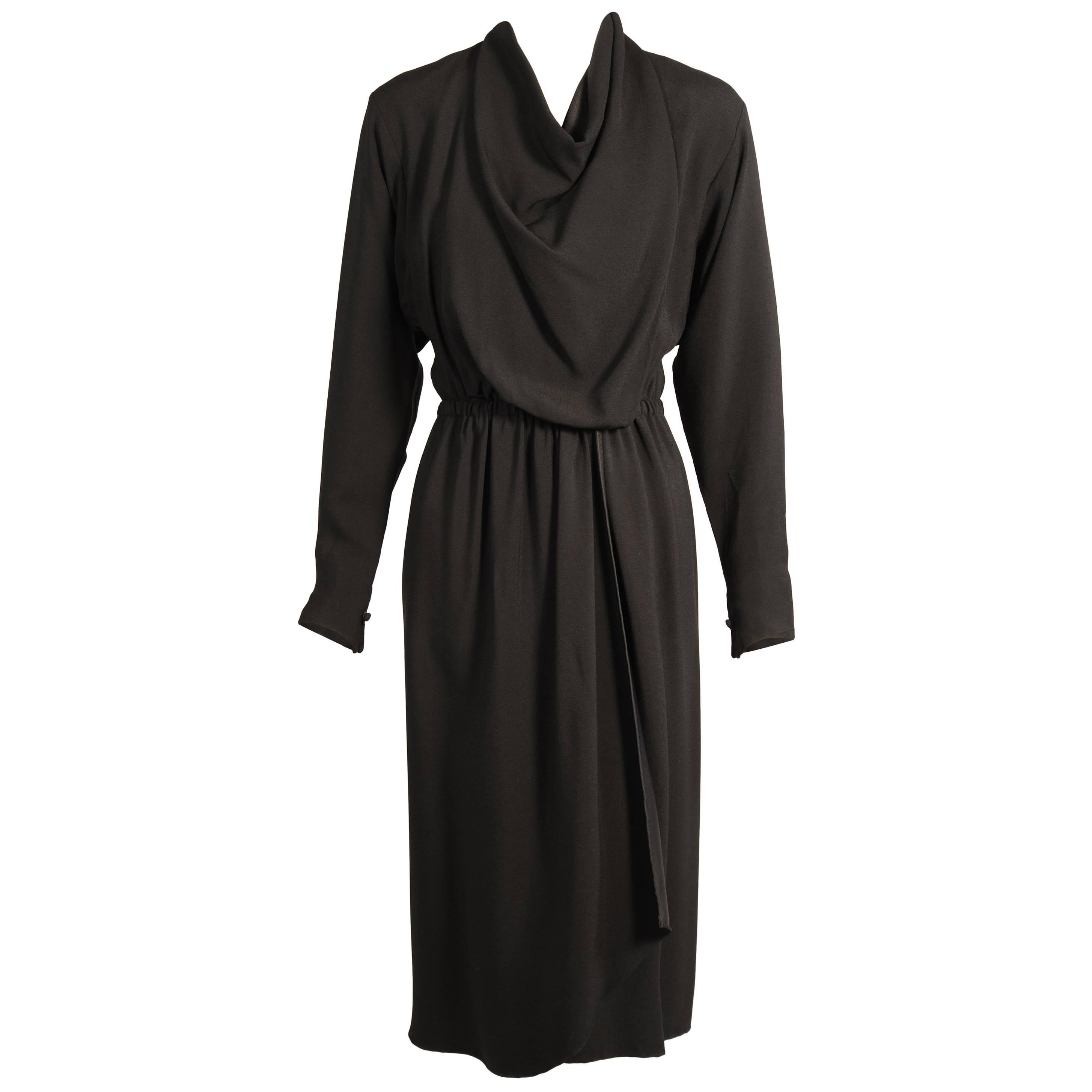 Halston Black Satin Backed Crepe Wrap Dress, Museum Deaccession