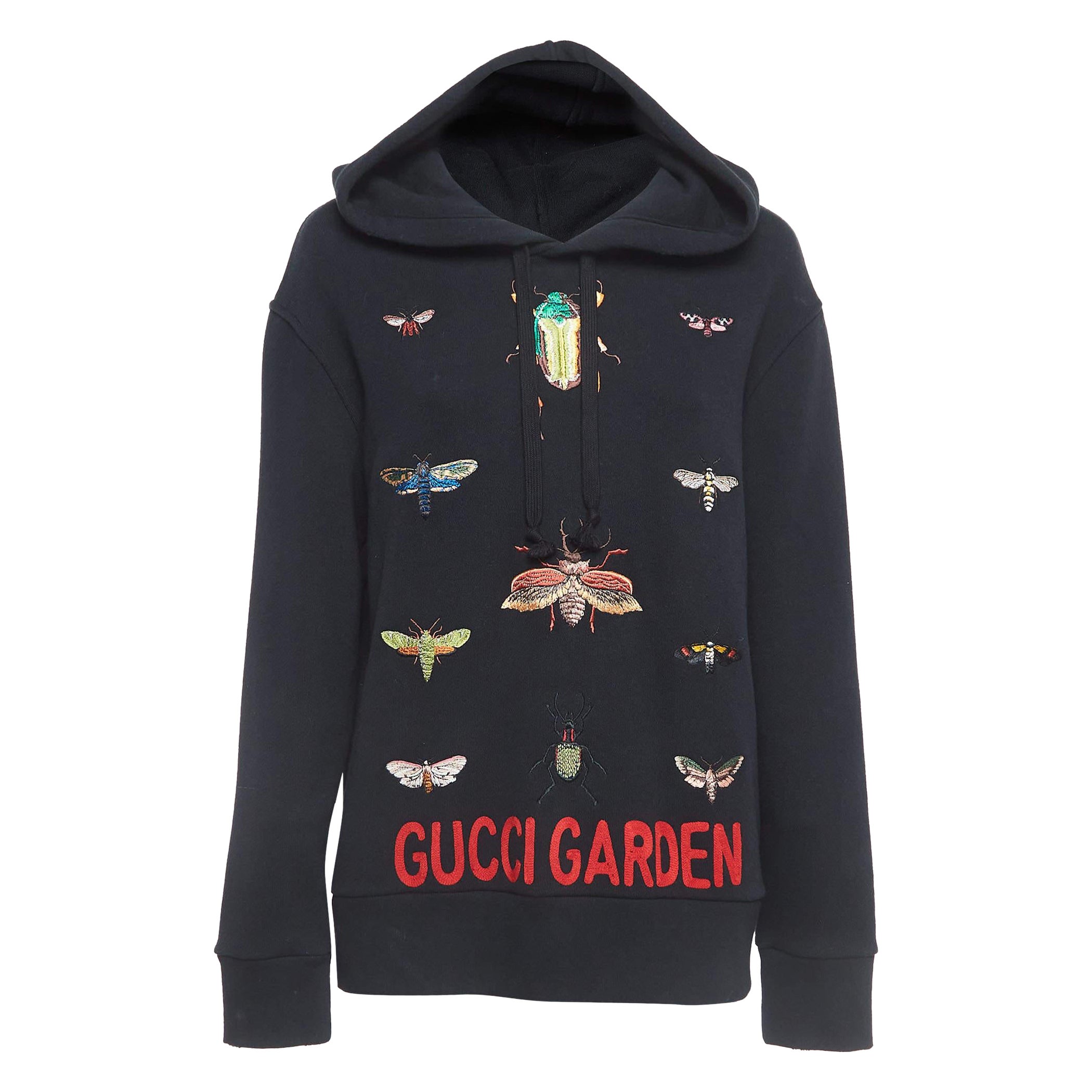 Gucci Black Garden Insects Embroidered Cotton Hoodie XS For Sale