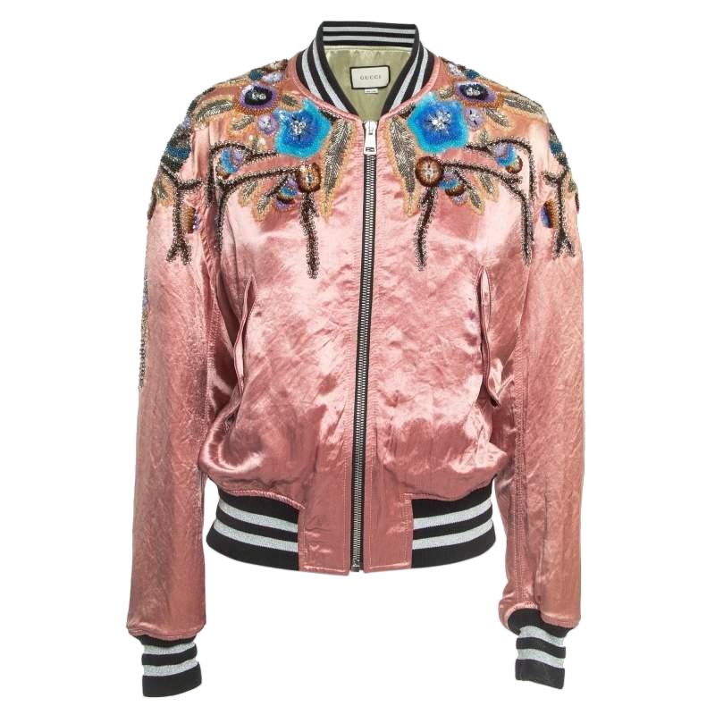 Gucci Pink Floral Sequin Embroidered Satin Bomber Jacket M For Sale